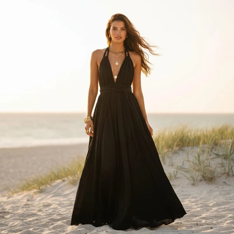 Deep V Neck Backless Halter Maxi Dress