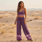 Purple Floral Crop Top Wide Leg Pants Set