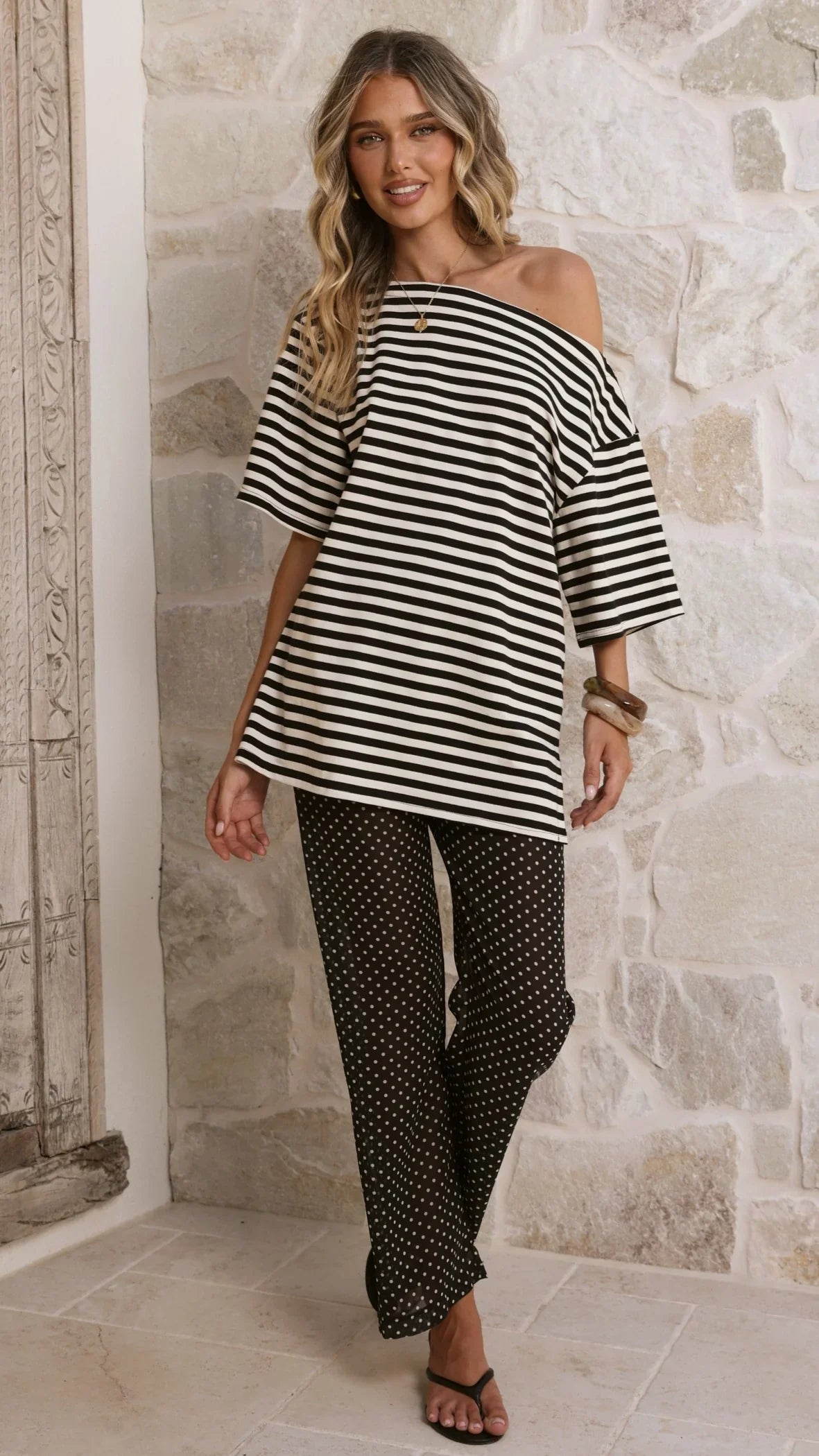 Pia One Shoulder Oversize Tee Black White Stripe