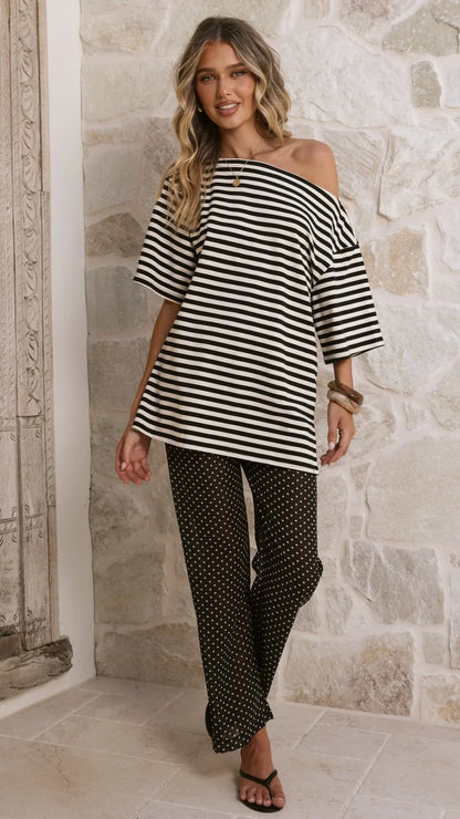 Pia One Shoulder Oversize Tee Black White Stripe