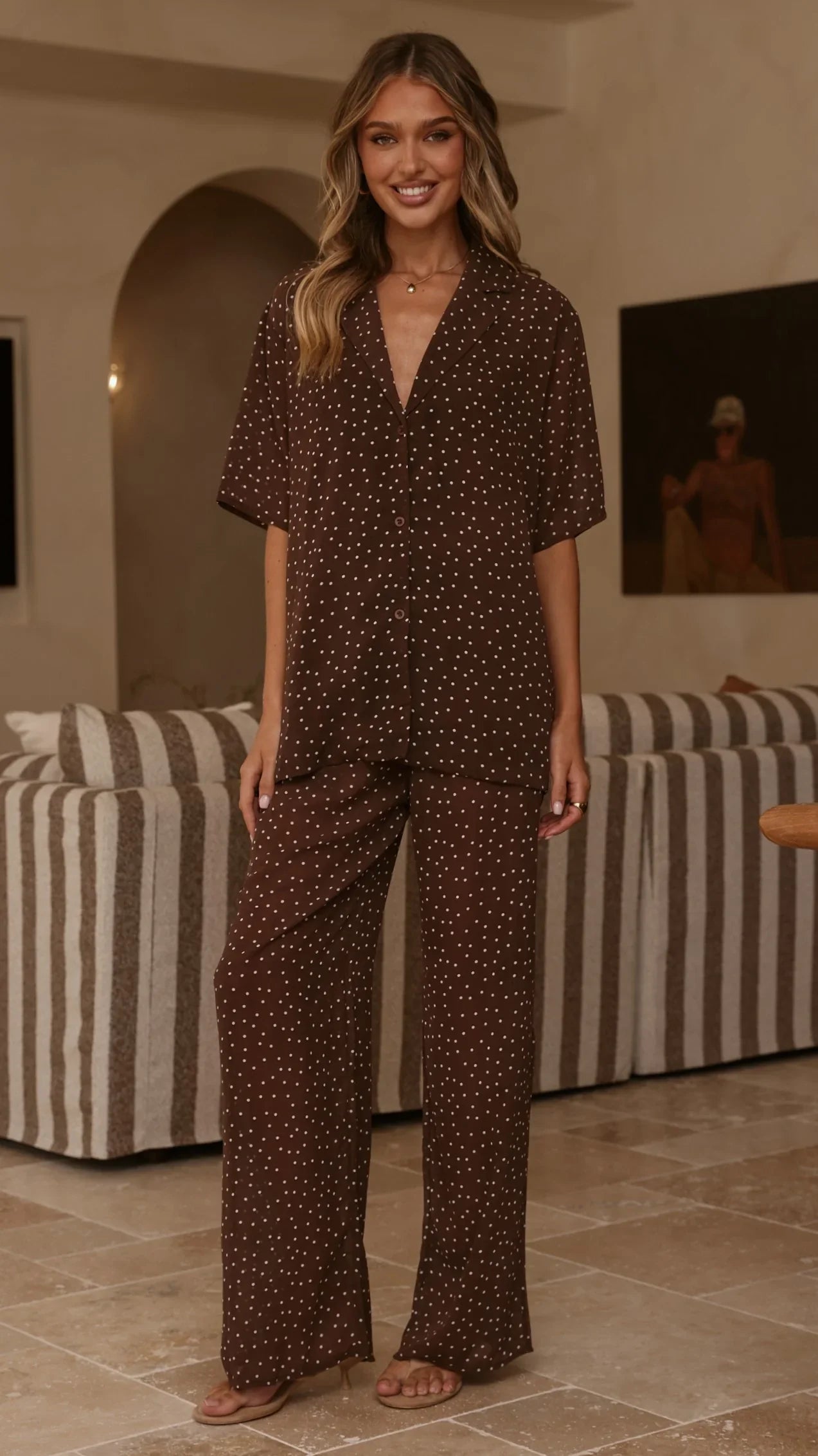 Ashleigh Sheer Shirt and Pants Set Brown Polka
