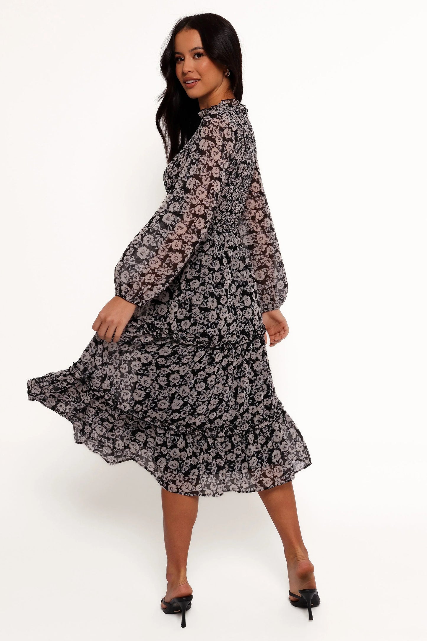 Edwina Shirred Frill Long Sleeve Midi Dress Black Floral