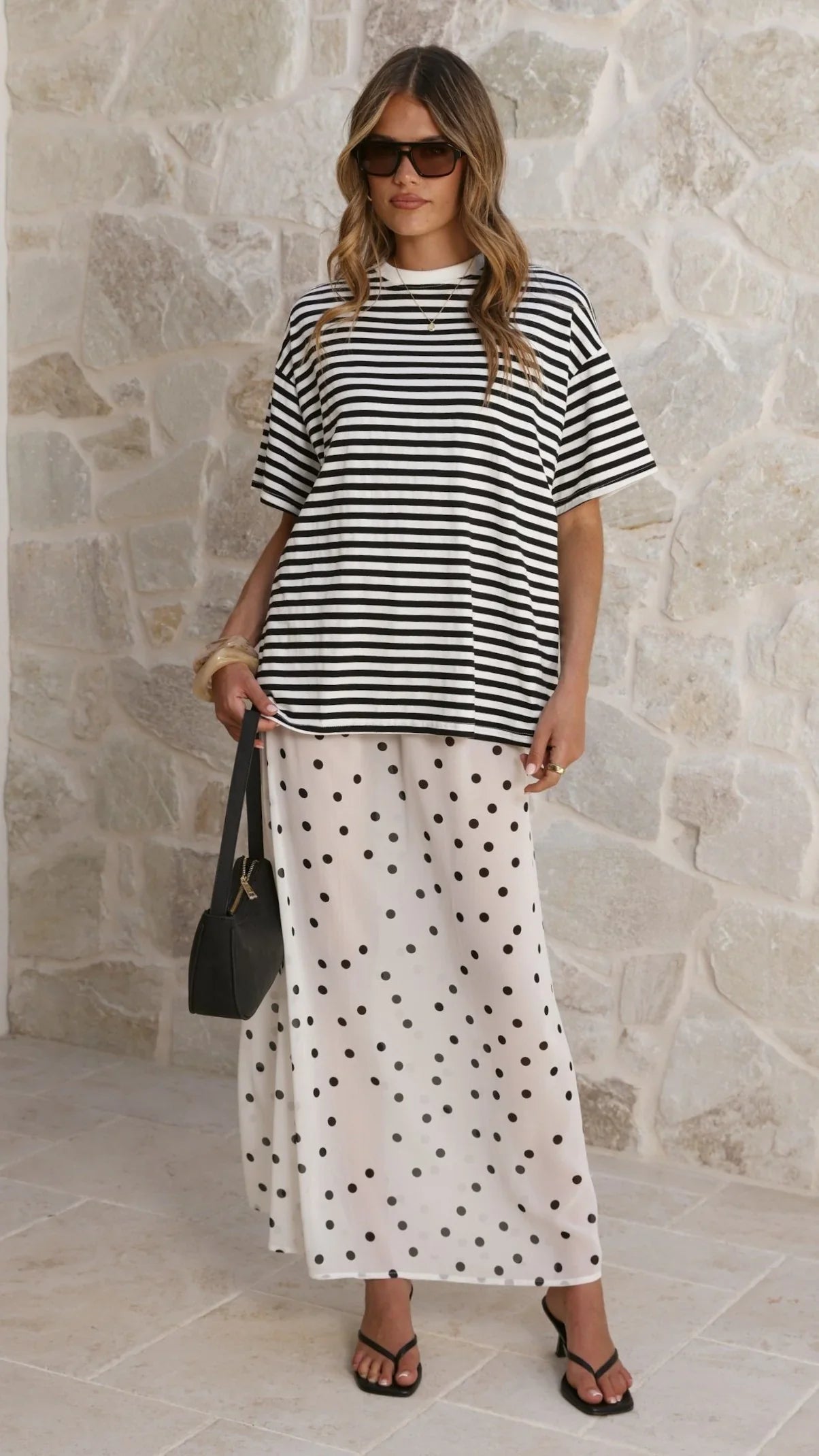 Elisha T Shirt and Sheer Maxi Skirt Set Black White Stripe and Polka Dot