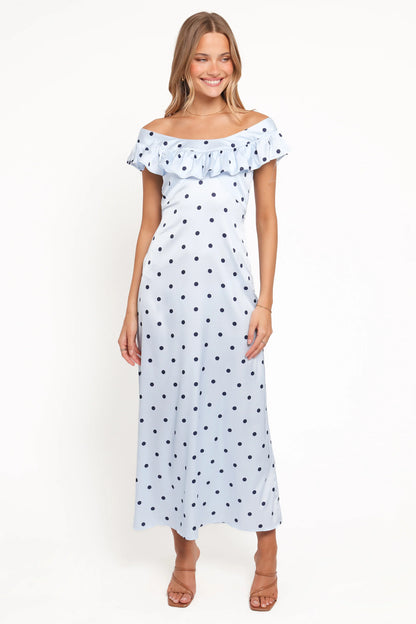 Manaris Off Shoulder Maxi Dress Blue Polka Dot