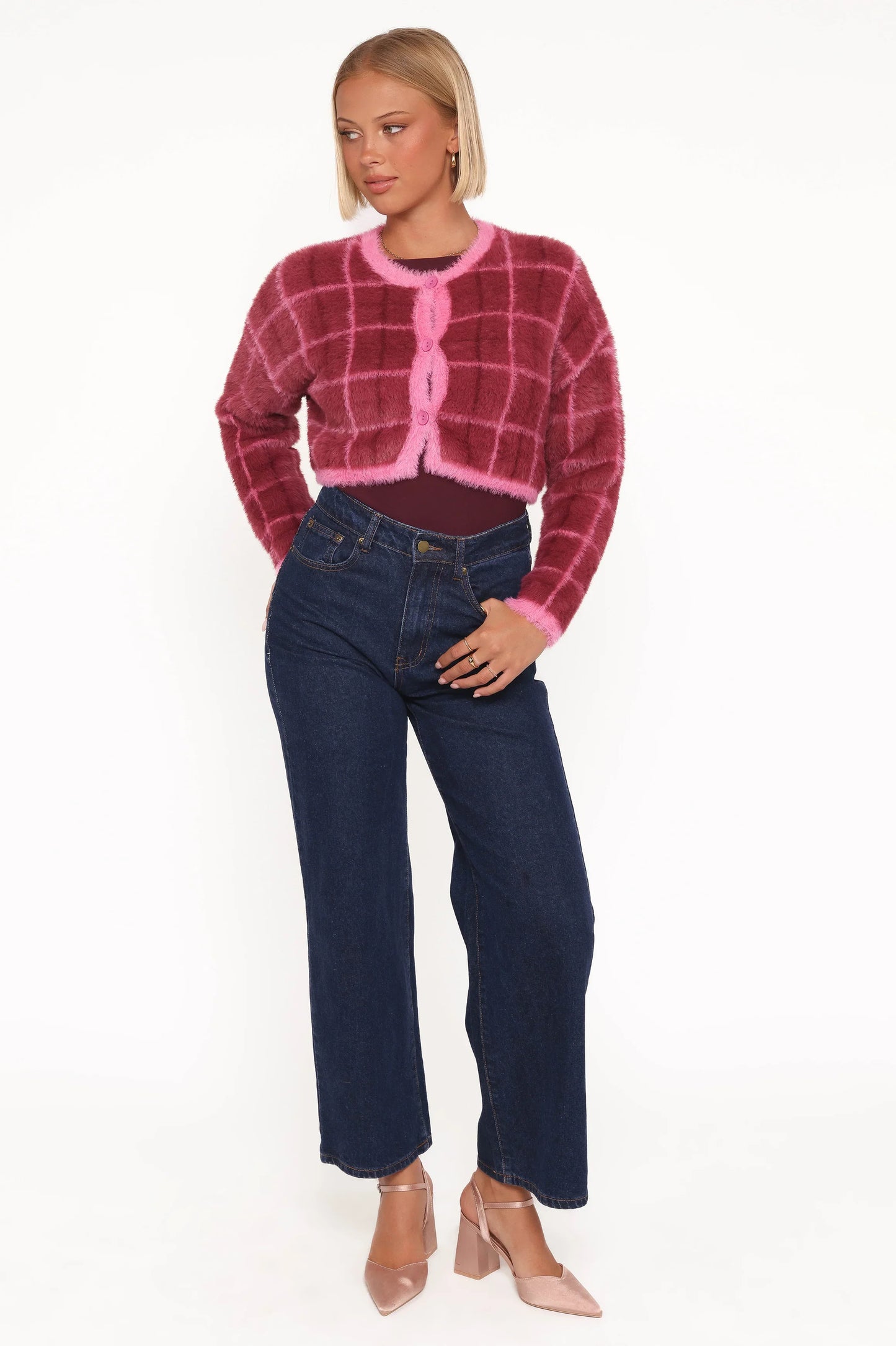 Viola Plaid Button Front Cardigan Burgundy