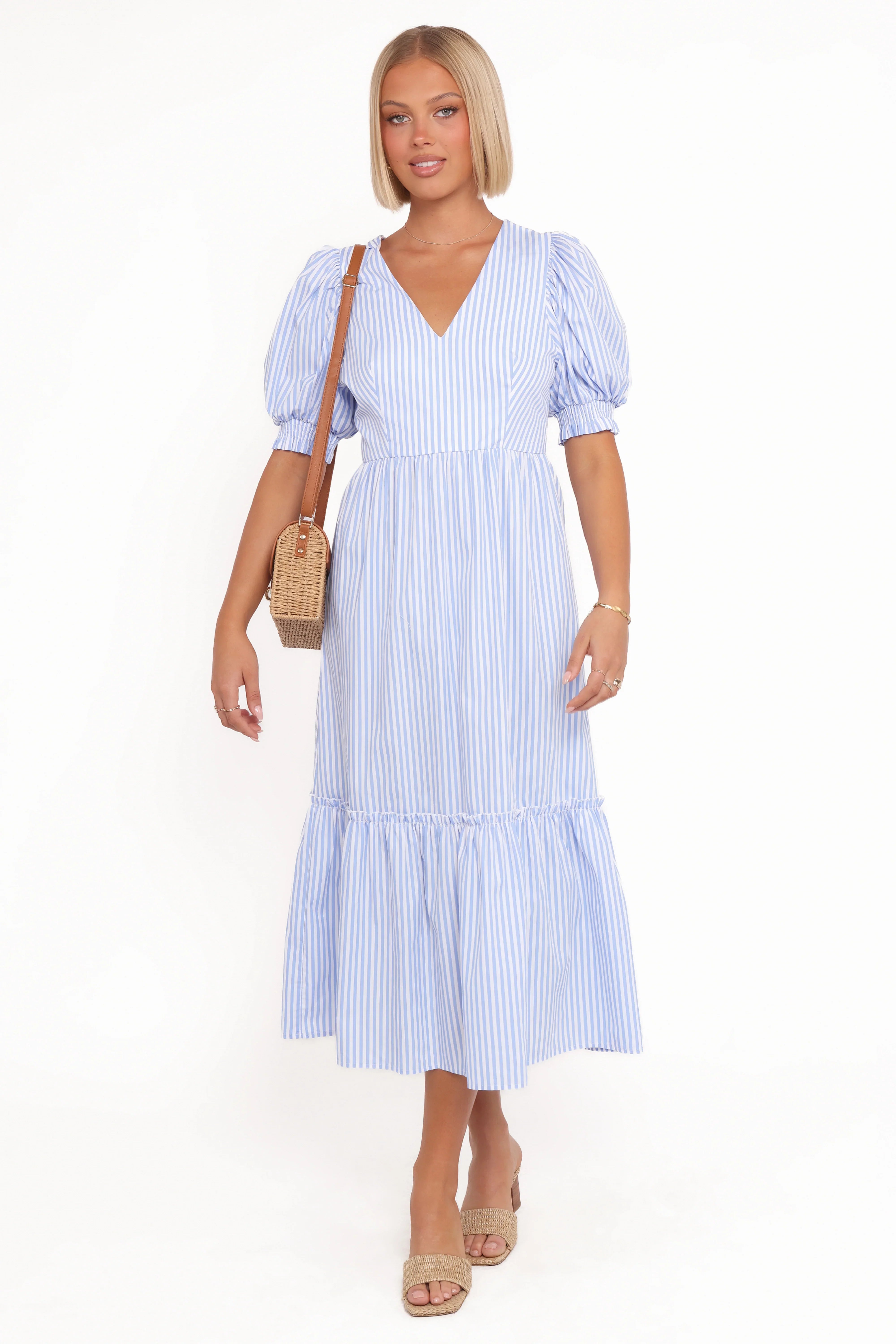 Steele Puff Sleeve Midi Dress Blue Stripe