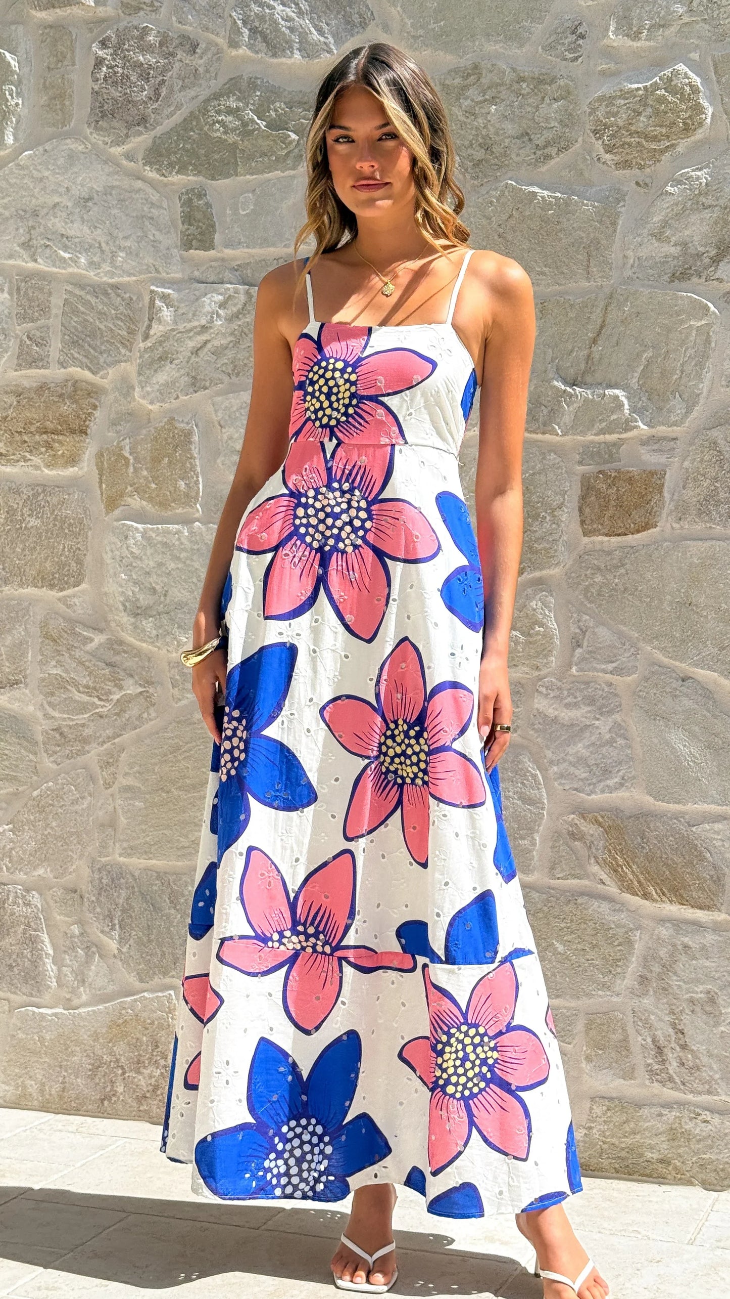 Norah Eyelet Maxi Dress Botanic Blue Pink Print