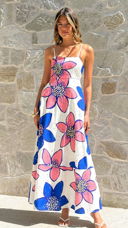 Norah Eyelet Maxi Dress Botanic Blue Pink Print