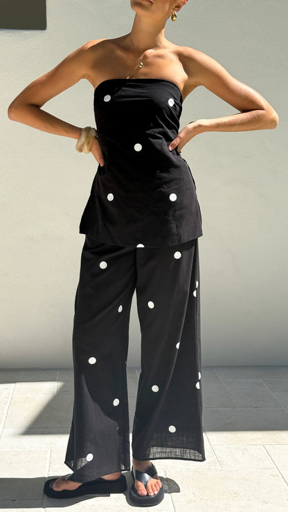 Kailani Strapless Top and Pants Set Black White Polka
