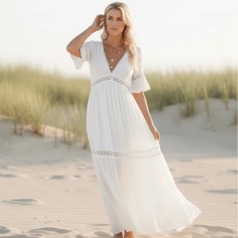 White Lace High Waist Boho Maxi Dress