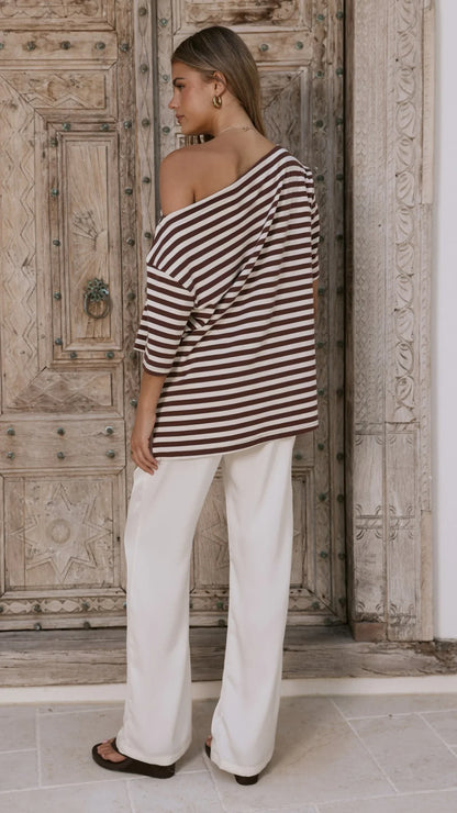 Pia One Shoulder Oversize Tee Choc White Stripe
