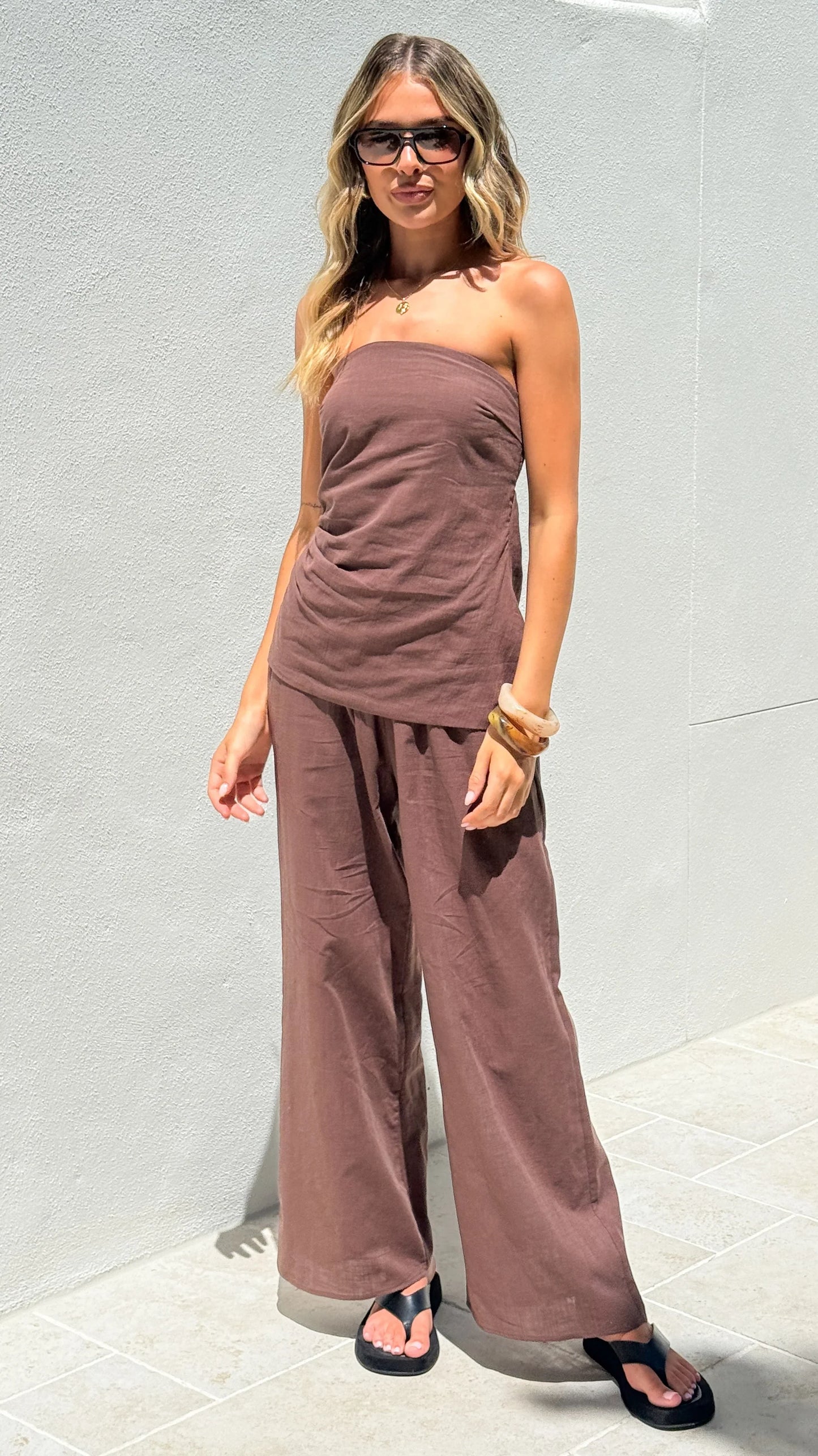 Yuki Strapless Top and Pants Set Chocolate
