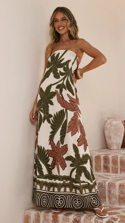 Connie Maxi Dress Green Beige Palm
