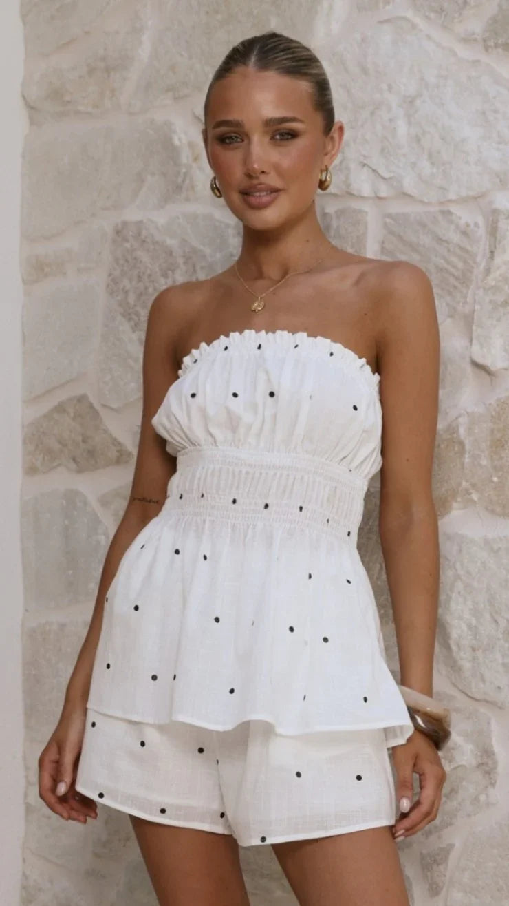 Ziva Strapless Top and Shorts Set White Polka