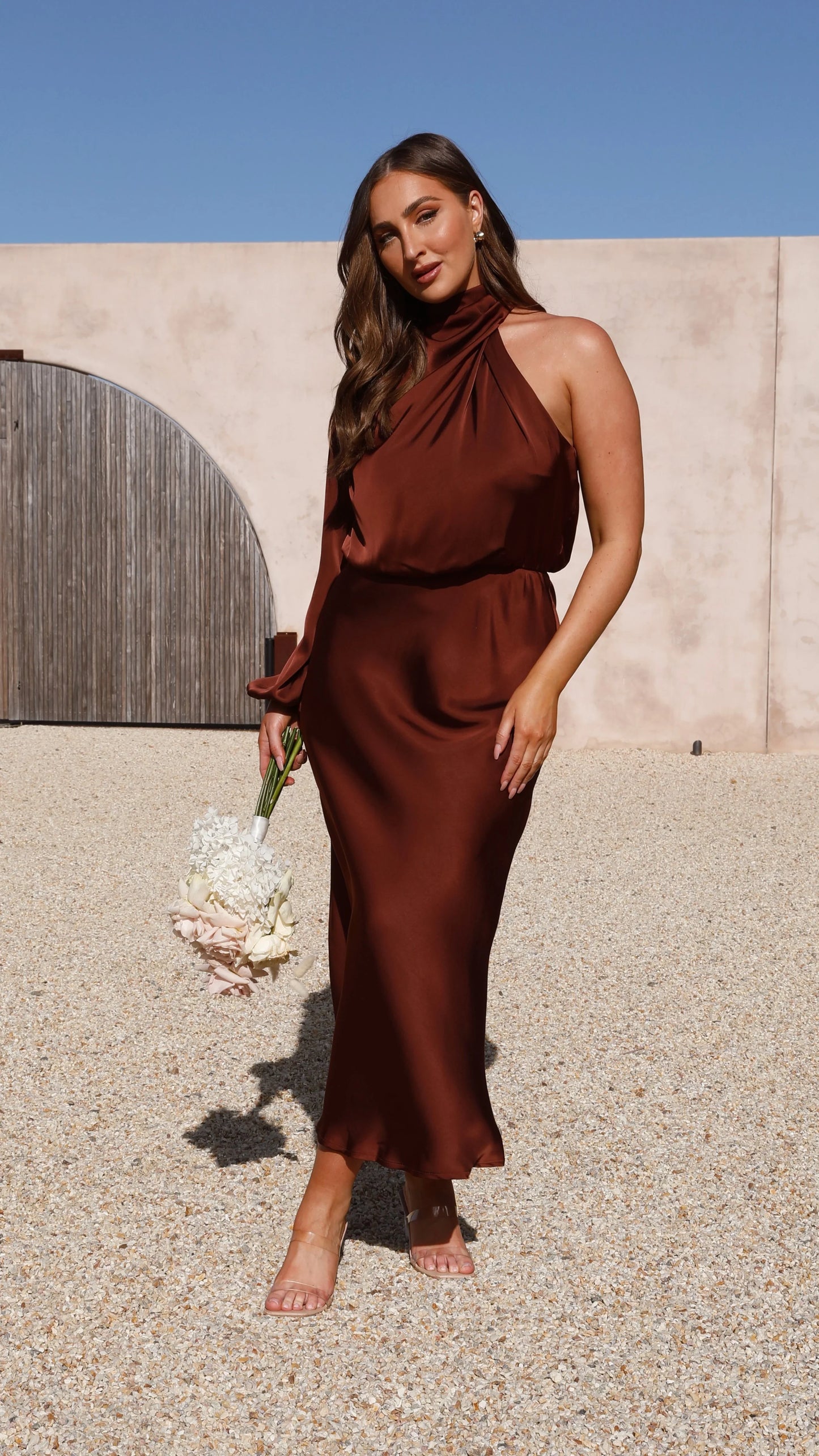 Esther One Shoulder Long Sleeve Dress Brown