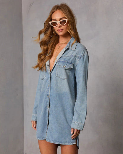 Garis Denim Mini Shirt Dress