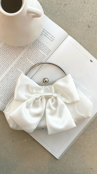 Satin Bow Clutch White