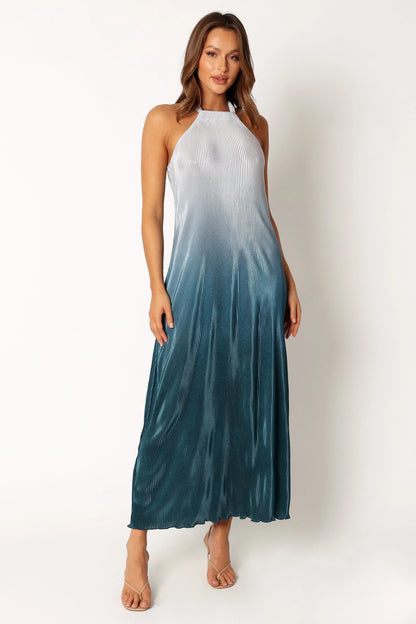 Melody Plisse Halter Maxi Dress Navy Gradient