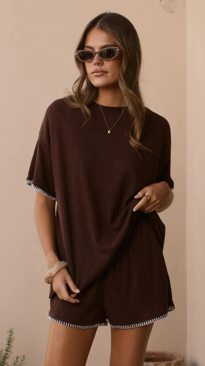 Zaide Knit T Shirt and Shorts Set Chocolate Blue