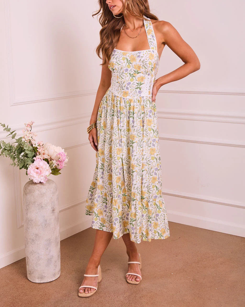 Sunlit Horizon Floral Halter Neck Midi Dress