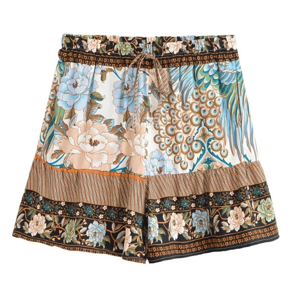 Khaki Boho Floral High Waist Drawstring Shorts with Pockets