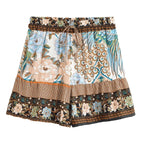 Khaki Boho Floral High Waist Drawstring Shorts with Pockets