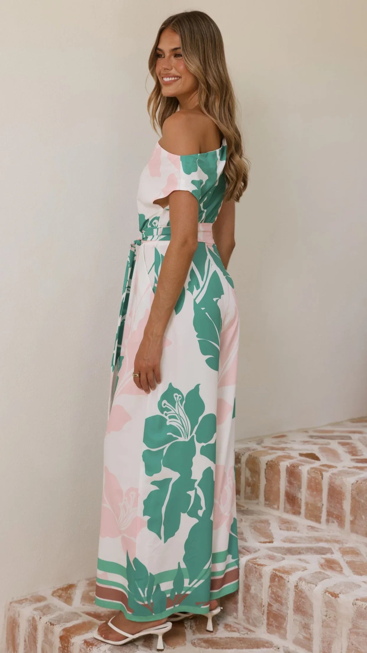 Oasis One Shoulder Jumpsuit Pink Green