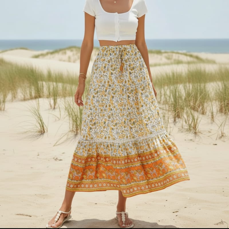 High Waist Floral Boho Maxi Skirt
