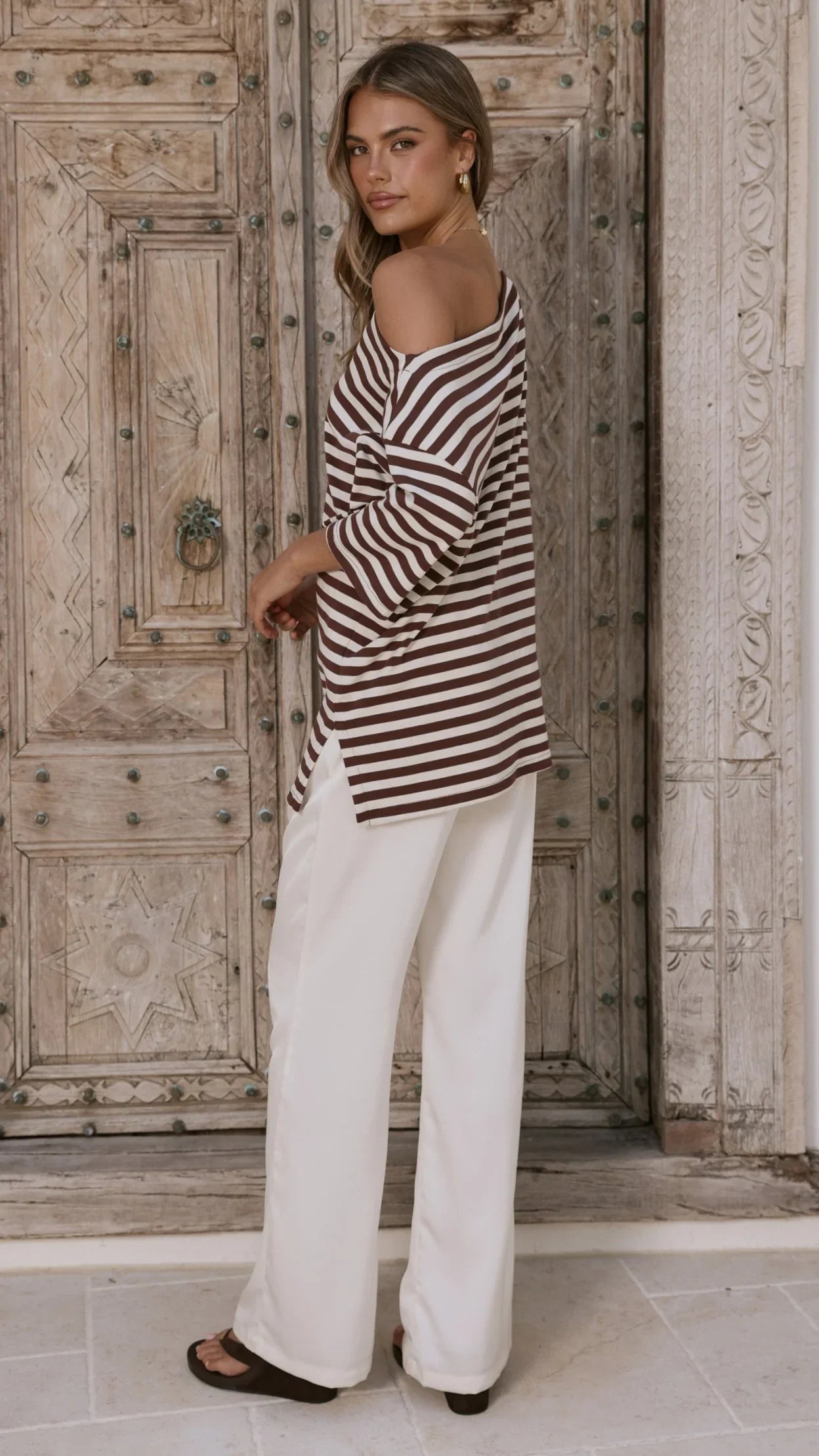 Pia One Shoulder Oversize Tee Choc White Stripe