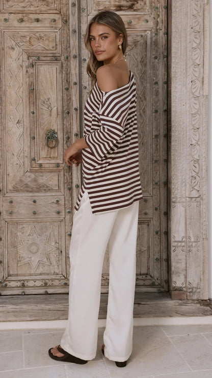 Pia One Shoulder Oversize Tee Choc White Stripe