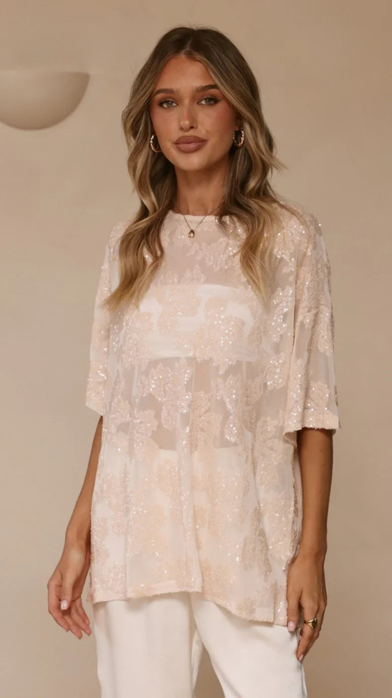 Arlo Oversized Sequin Top Beige Floral