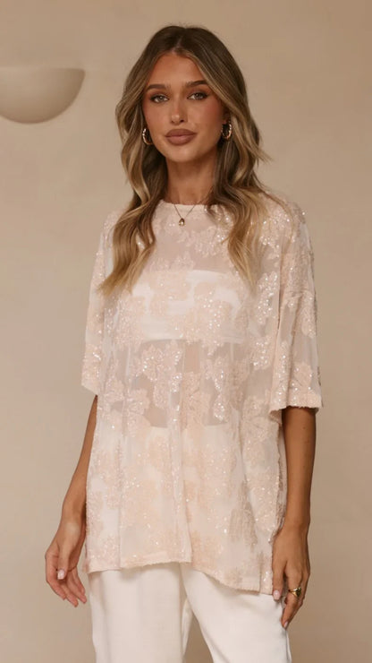 Arlo Oversized Sequin Top Beige Floral