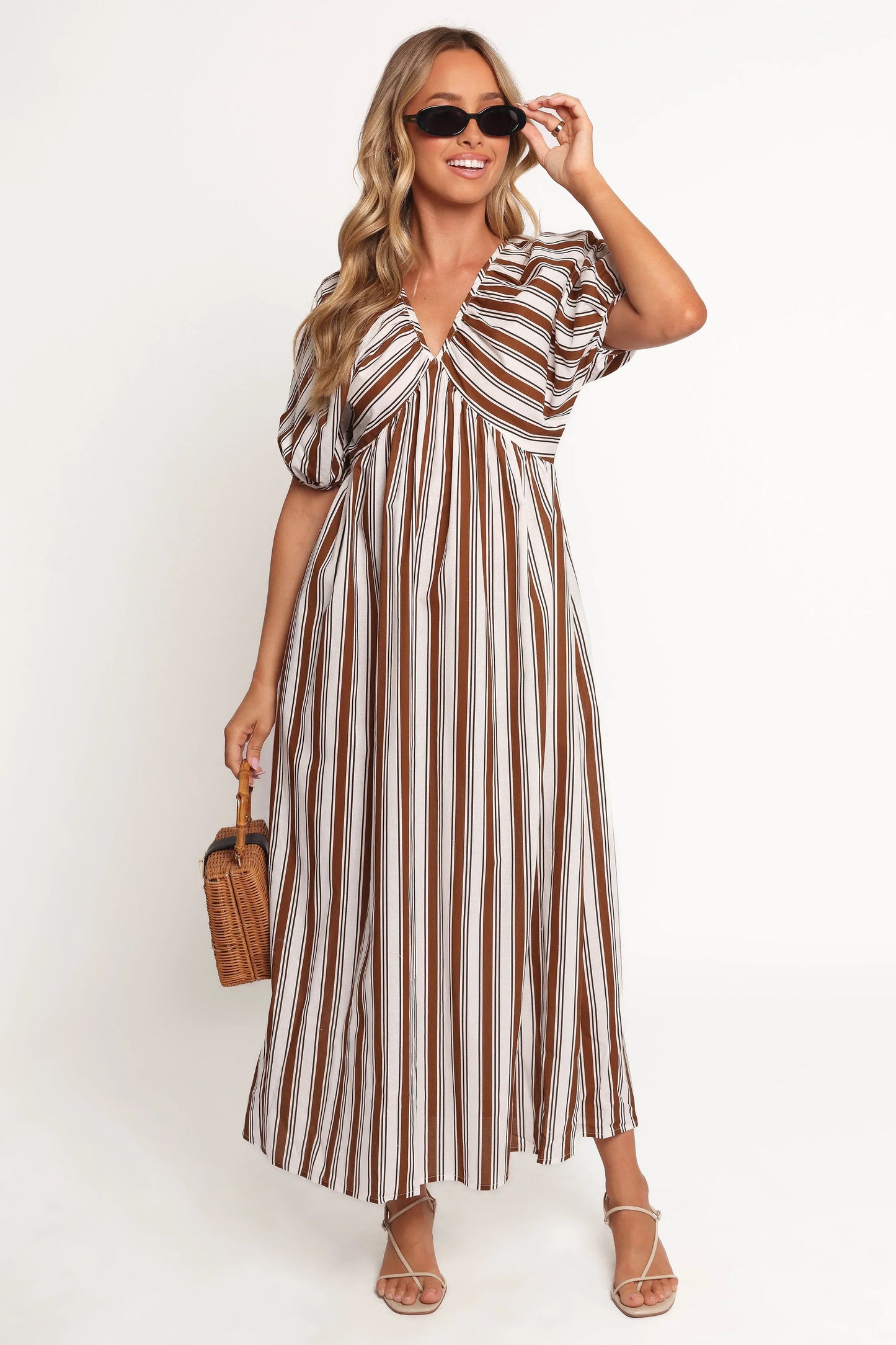 Sullivan Puff Sleeve Maxi Dress Chocolate Stripe