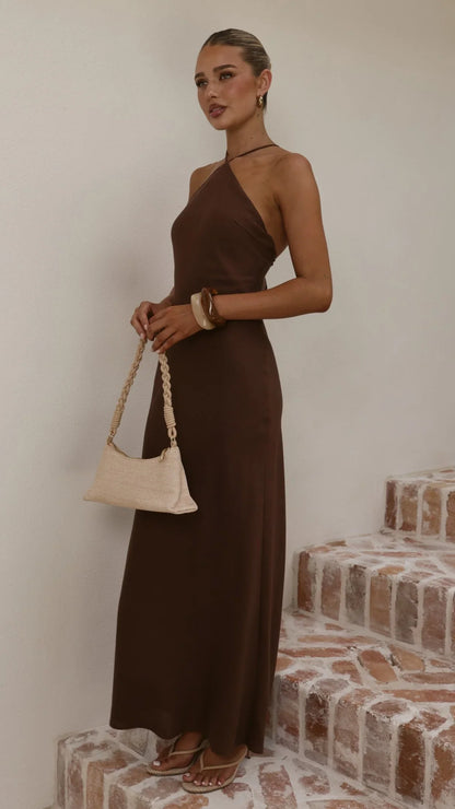 Chiara Linen Maxi Dress Chocolate