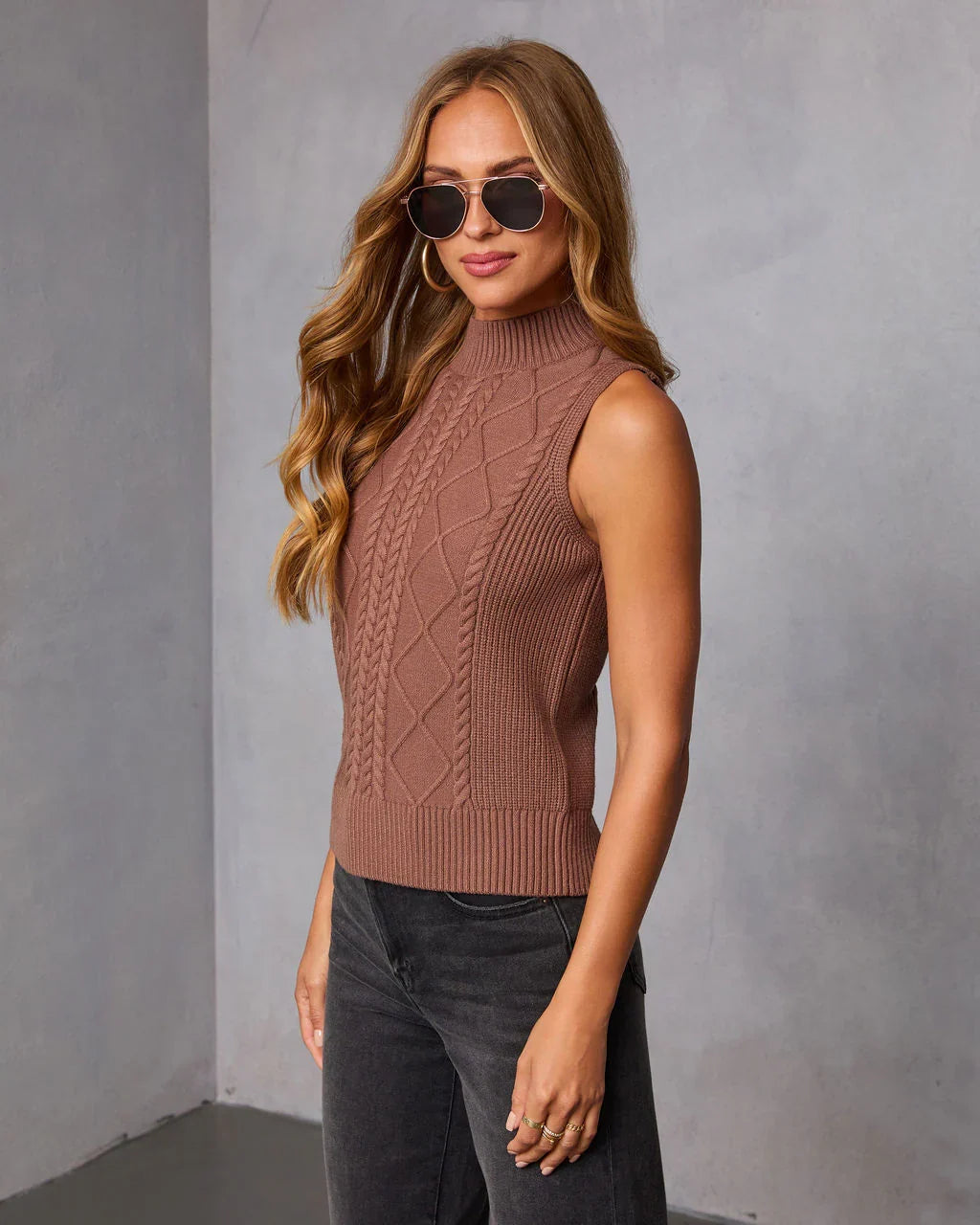 Amber Husk Cable Knit Mockneck Sweater