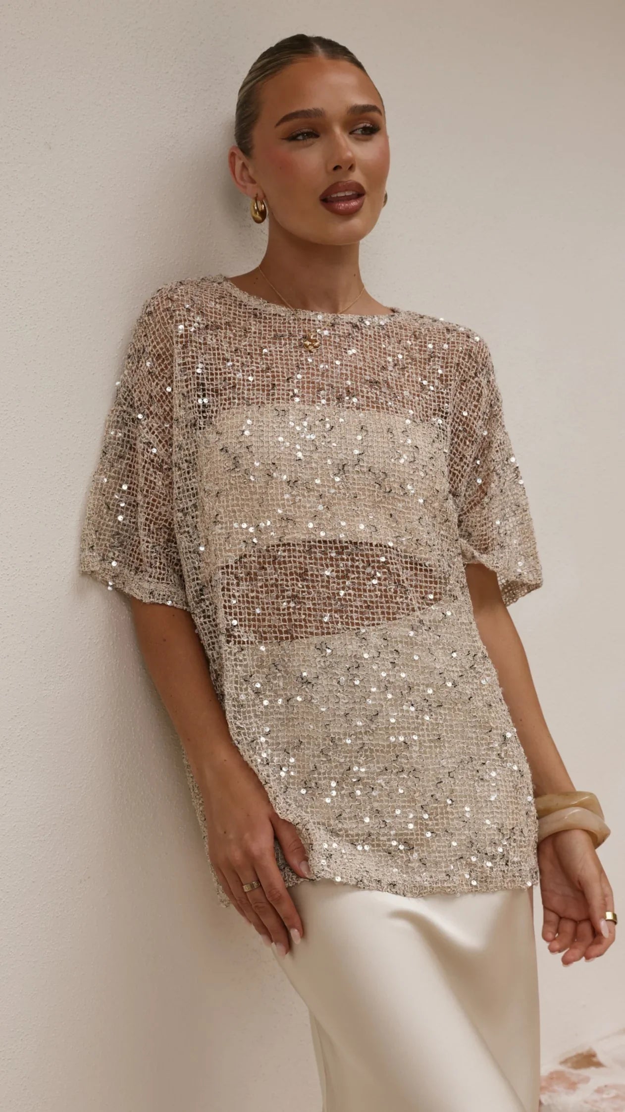 Zinnia Oversized Sequins Tee Beige
