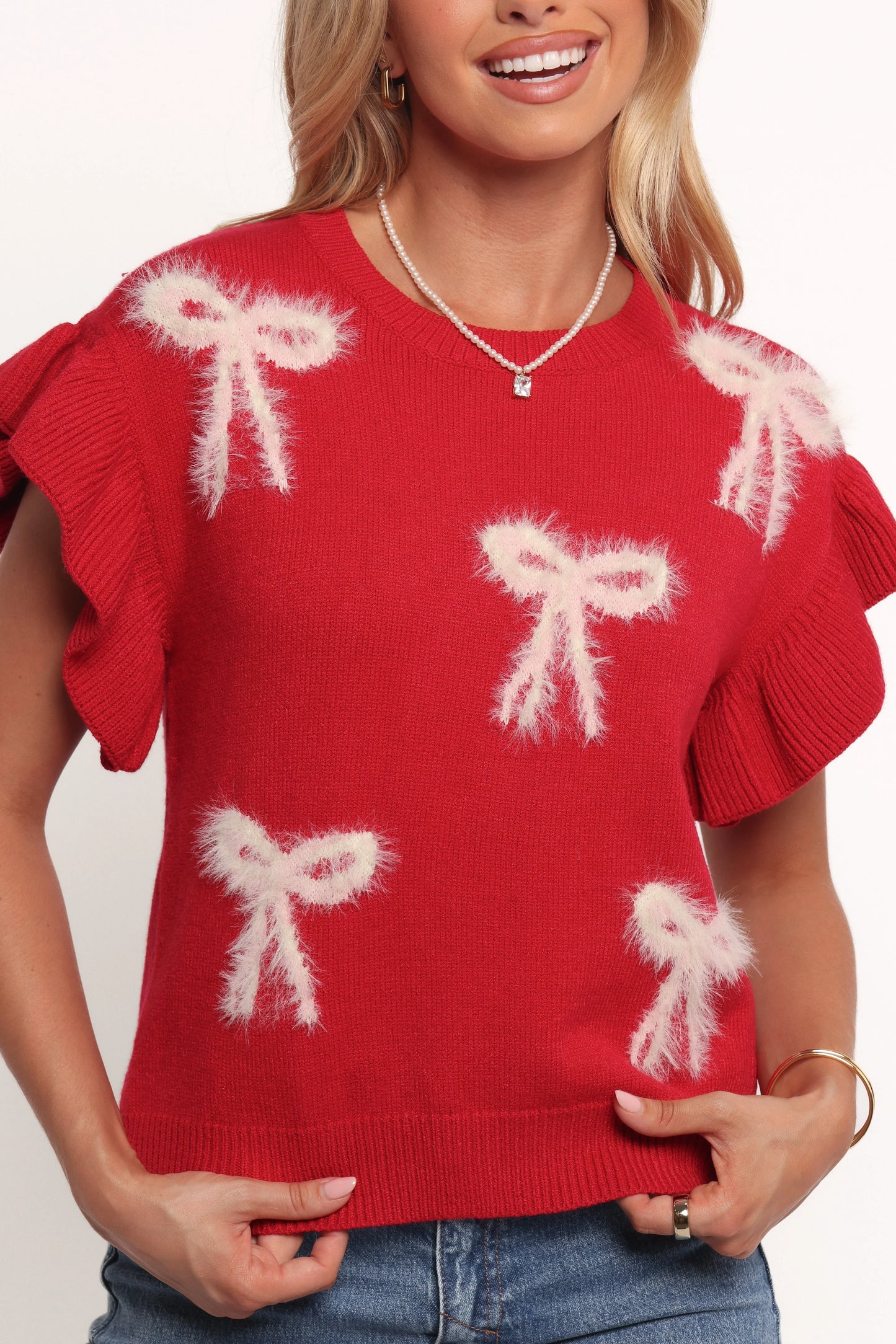 Cherish Ruffle Sleeve Bow Knit Sweater Red