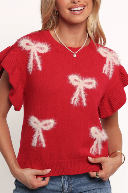 Cherish Ruffle Sleeve Bow Knit Sweater Red