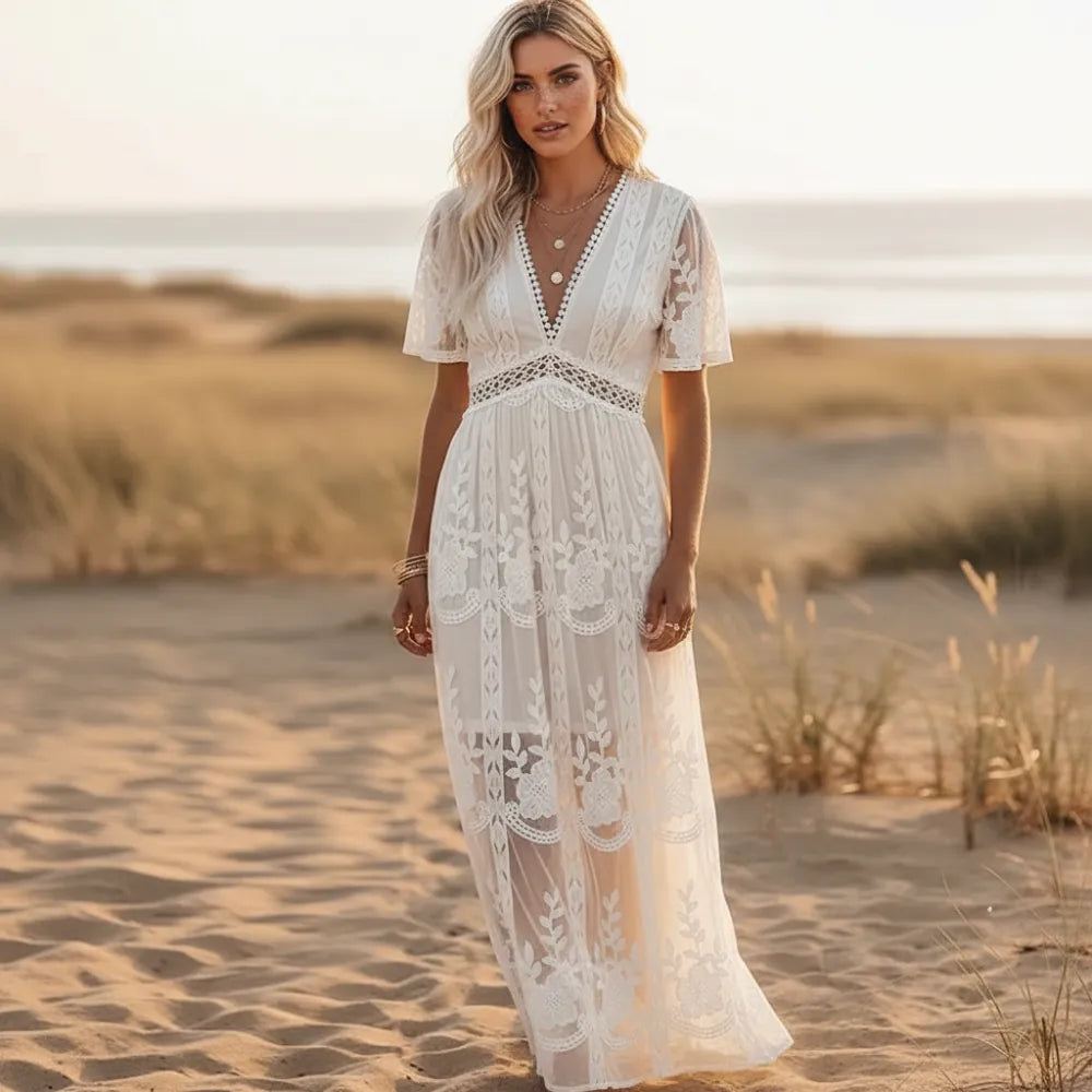 White Lace Short Sleeve Boho Maxi Dress