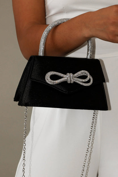 Flicka Rhinestone Bow Bag Black Satin