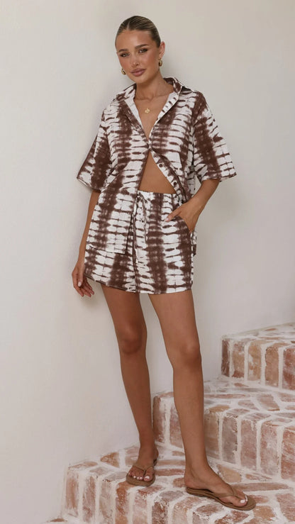 Ravenna Button Up Shirt and Shorts Set Chocolate Tie Dye