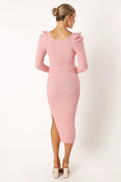 Camryn Puff Sleeve Knit Sweater Midi Dress Blush