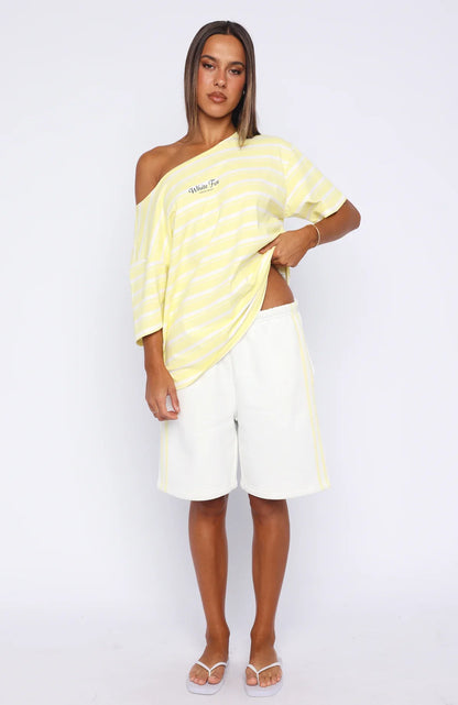 Verano Sixteen Magnolia Off Shoulder Oversized Tee Lemon White Stripe