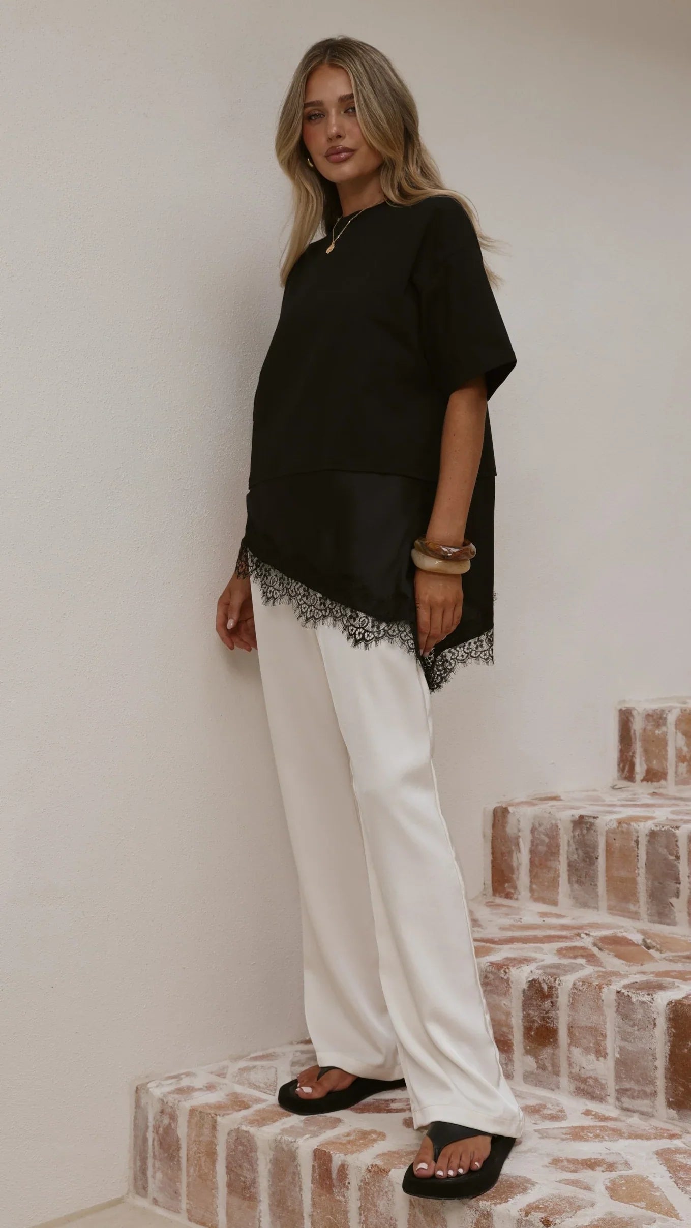 Mirandah Satin Panel T Shirt Black
