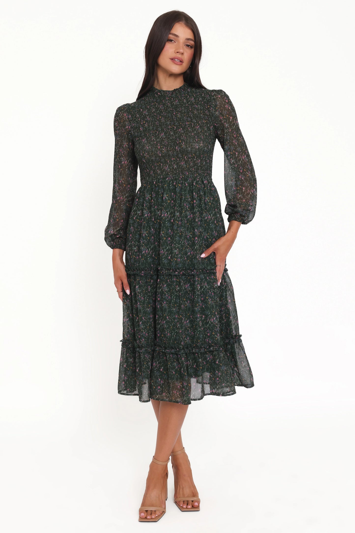 Edwina Shirred Frill Long Sleeve Midi Dress Olive Floral