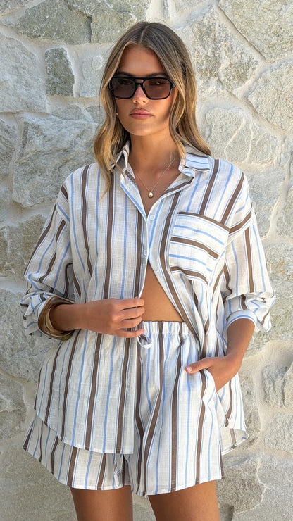 Elita Long Sleeve Button Up Shirt and Shorts Set Choc Blue Stripe