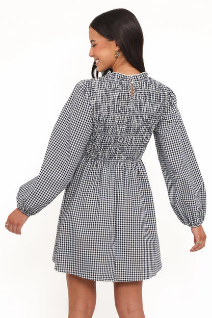 Jessen Long Sleeve Mini Dress Navy Gingham