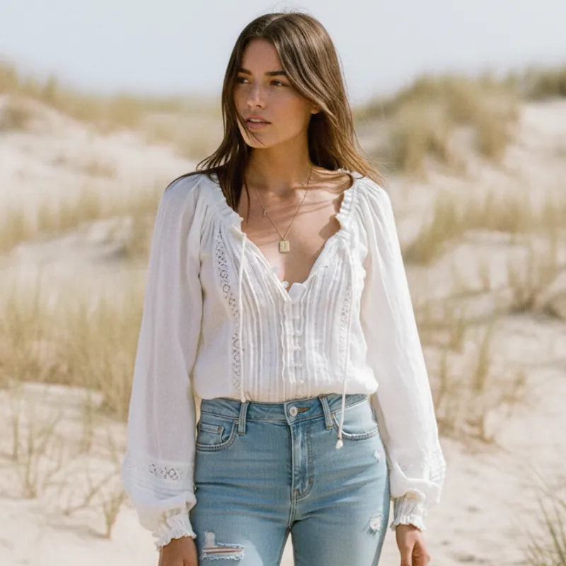 White Boho Cotton Long Sleeve Blouse
