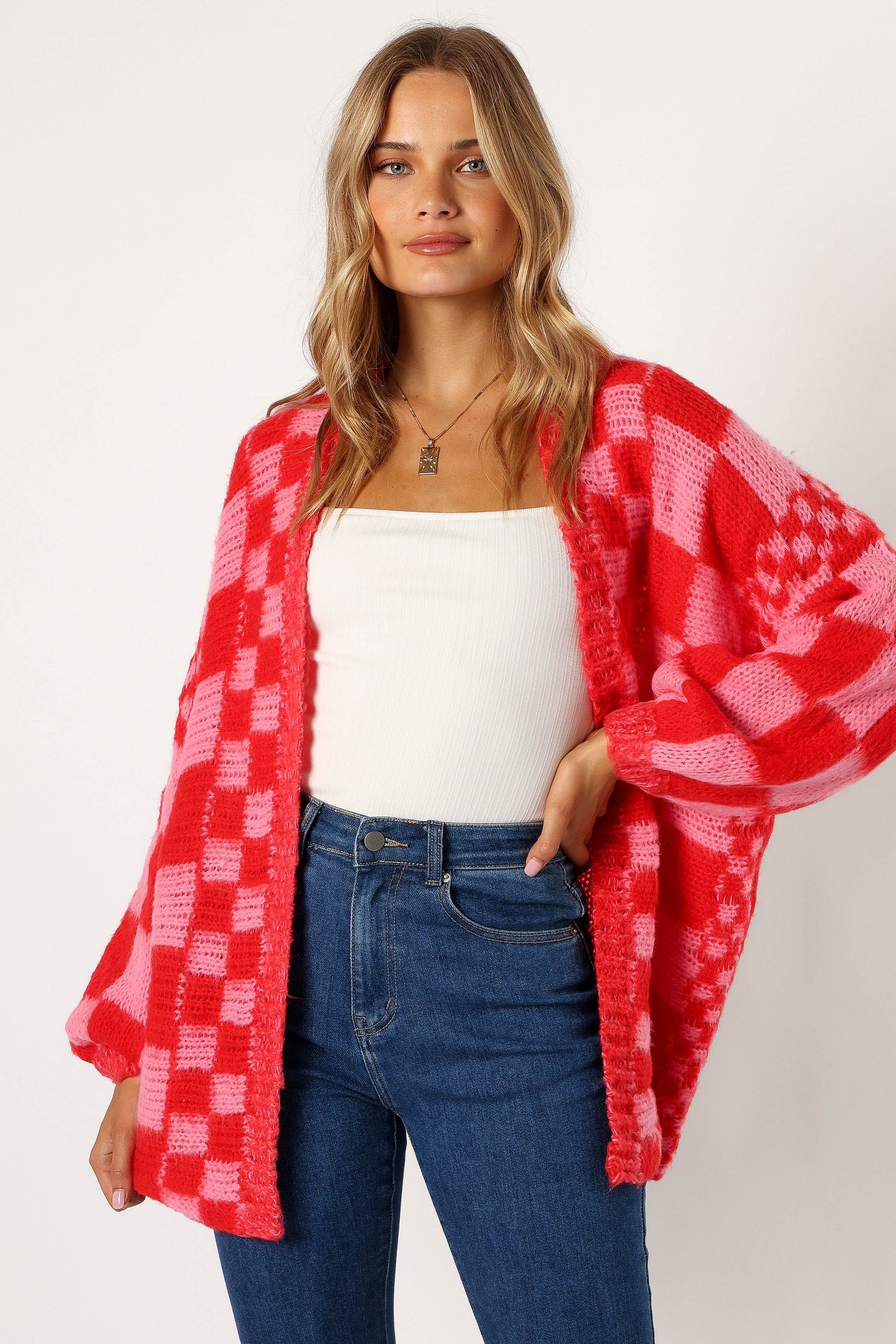 Davina Pattern Open Front Cardigan Red Pink