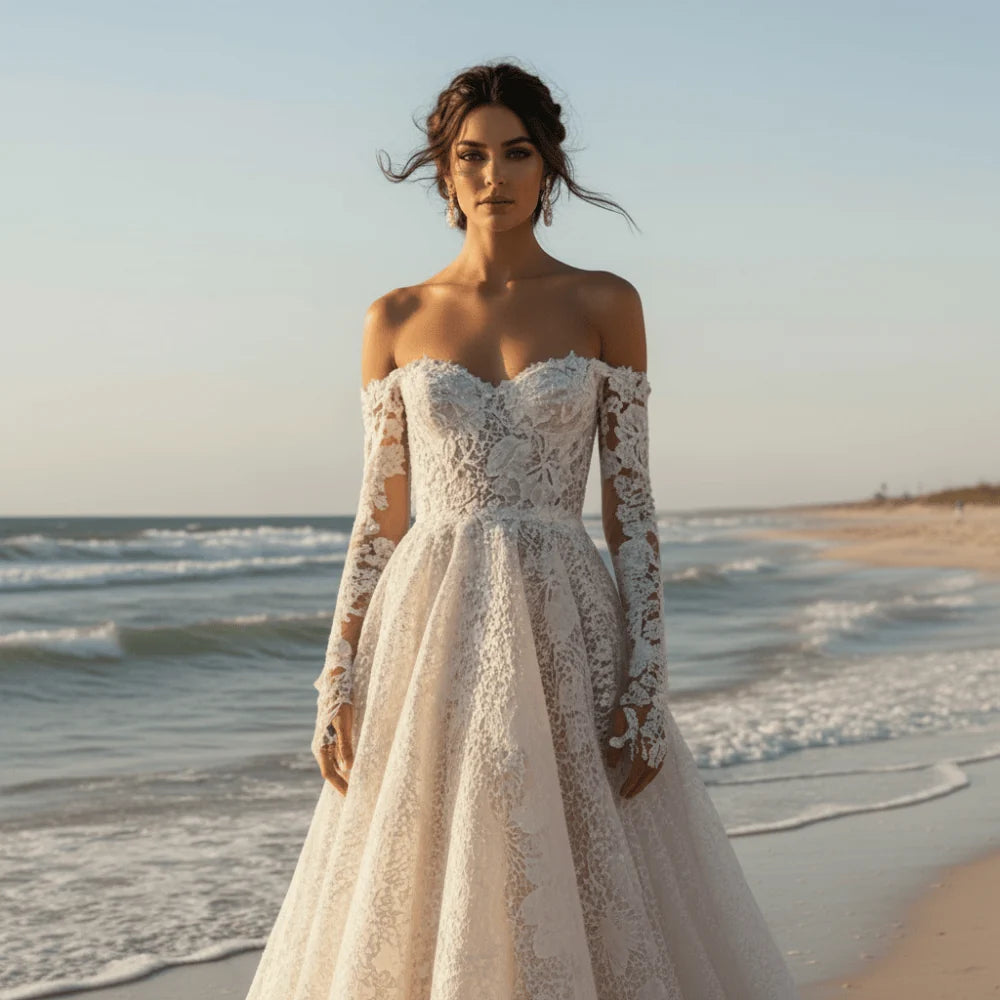 Romantic Off the Shoulder Floral Lace Ball Gown Wedding Dress
